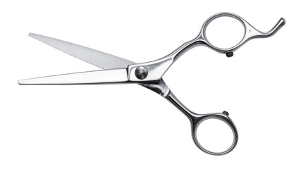 A pair of sharp stainless steel metal scissors with black handles is isolated on a white background as an open cutting tool for barber, office, or craft work
