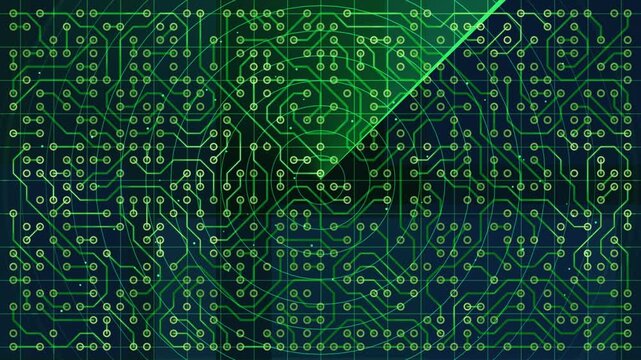 Green circuit board pattern with radar sweep animation, digital technology concept, abstract electronic hardware background, futuristic data scanning, high tech aesthetic