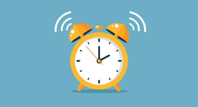 Classic yellow twin bell alarm clock is ringing with sound waves against a blue background, symbolizing early wake up calls and time alerts.