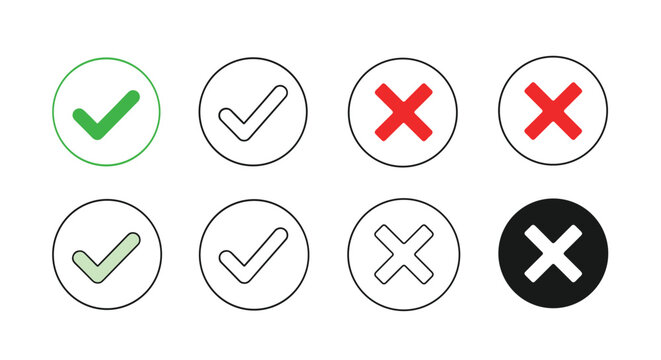Set of various tick and cross symbols in green, red, black, and white representing success, failure, approval, and rejection in different styles.