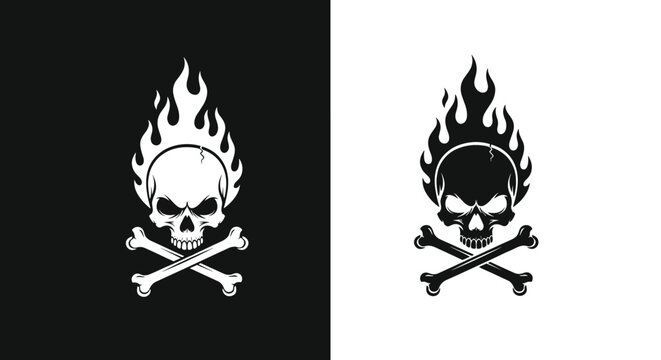 Flaming skull with crossbones is presented in two versions, white on black and black on white, creating a powerful and aggressive graphic symbol.