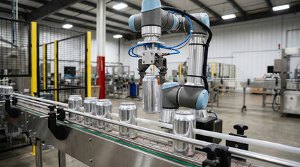 A technological gray robotic manipulator on a beverage production line. The concept of a modern factory.