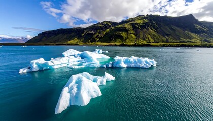 Icebergs float on a calm body of water against a green, rugged mountain backdrop under a bright blue sky
