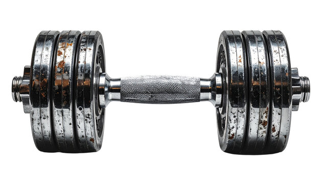 Heavy iron dumbbell and chrome barbell weights isolated on a white background for fitness strength training and bodybuilding gym exercise equipment