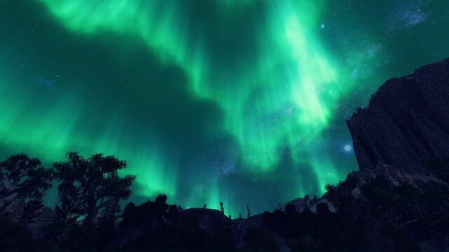 Mesmerizing aurora borealis timelapse weaving through mountain peaks under cosmic skies at twilight