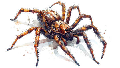 Macro closeup of a hairy brown wolf spider predator isolated on a white background, a scary wild arachnid invertebrate perfect for nature and wildlife photography