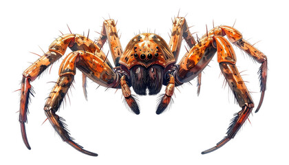 Macro closeup of a hairy brown wolf spider predator isolated on a white background, a scary wild arachnid invertebrate perfect for nature and wildlife photography