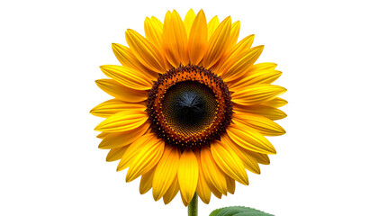 Fototapeta premium A single beautiful yellow sunflower blossom with bright petals and green leaf is isolated on a white background, representing the summer nature and floral beauty of a garden plant