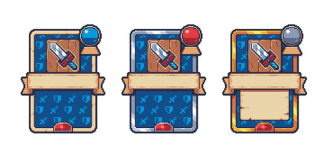 Set of pixel art fantasy game cards with sword icon and decorative frames, retro 8-bit UI elements designed for RPG interfaces, collectible card systems, quests, upgrades, and game menus. 