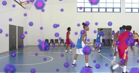 Basketball player #6 moving center after shot, holding ball high preparing pass amid purple overlay