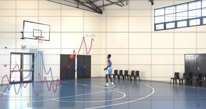 Male player dribbling in sports training right 3pt arc, shooting while data graphs tracking shot