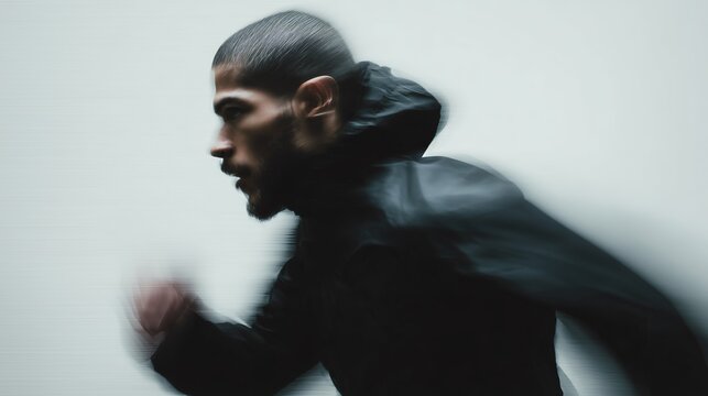 Dynamic shot capturing a man running in blurred motion, highlighting speed and sports action with a modern, athletic vibe.