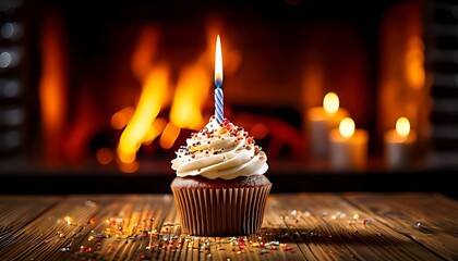 Cupcake with candle lit against fireplace, sitting on wooden surface with scattered confetti