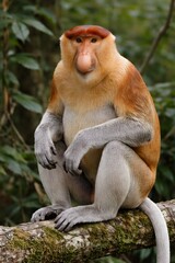 proboscis monkey sitting on tree branch in tropical rainforest unique animal