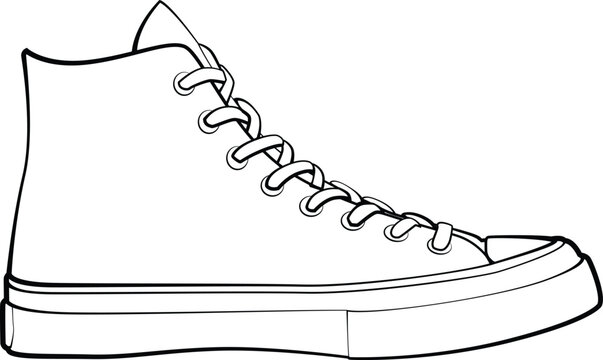 Side view of a high top sneaker. Vector line art of a canvas sport shoe isolated on white. Black and white outline design for coloring books and icons.