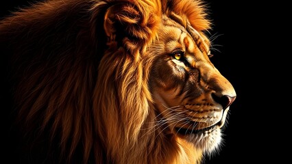 Naklejka premium Majestic portrait of a powerful male lion captured in dramatic profile against a deep black background emphasizing its radiant golden mane and intensely focused amber eye.