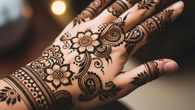 Traditional henna design with floral and geometric motifs applied to the back of a hand