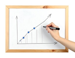 Hand draws an upward trending graph on a whiteboard with blue dots and light wood frame, isolated