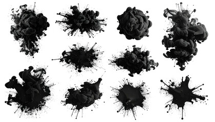 Several abstract black ink clouds blooming in various shapes against a black background