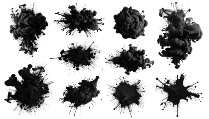 Several abstract black ink clouds blooming in various shapes against a black background