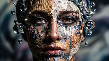 Womans Face with Water Droplets and Circuit Pattern.