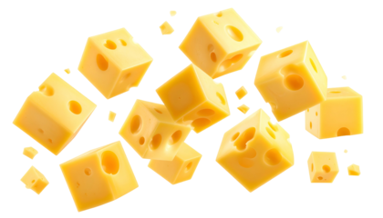 A scattering of cubed yellow cheese pieces with holes, set against a transparent backdrop
