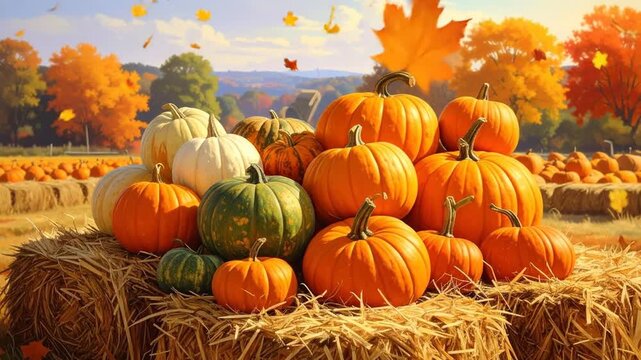 A vibrant autumnal scene of pumpkins of varied colors piled high on straw bales, with fall foliage