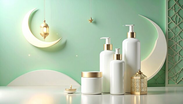 Minimal White Beauty Product Mockup With Ramadan Decorations for Packaging Design and Commercial Marketing