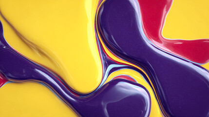 Colorful abstract fluid art composition featuring vibrant yellow, purple, and red paint swirls blending together, creating a dynamic visual experience with smooth textures and captivating patterns