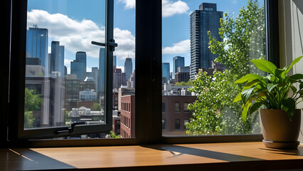 A view of a modern city skyline with skyscrapers and trees seen through an open black framed window on a sunny day
