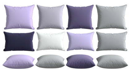 Array of lavender and gray square and rectangular pillows on a black background