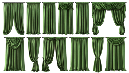Array of olive green fabric curtains, various styles and draping, against a black background