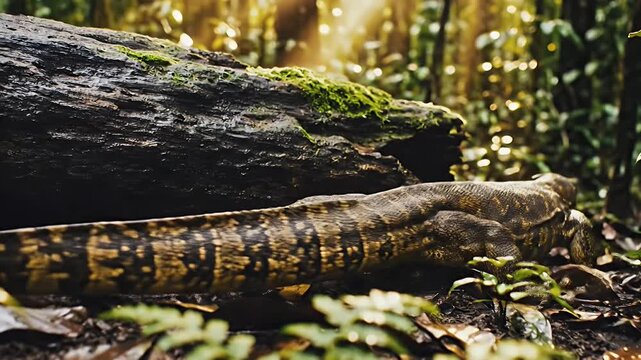 A large lizard rests near a fallen log in the forest.