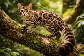 marbled cat perched on mossy tree branch in tropical rainforest unique animal