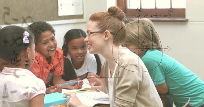 Animation of math formulas over diverse pupils and female teacher learning at school