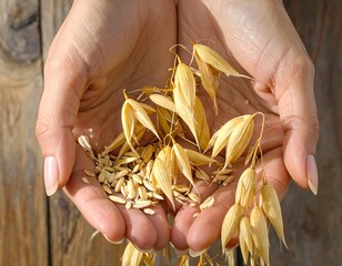 Cupped hands hold golden oat grains and stems, sunny and warm on a rustic, wooden backdrop