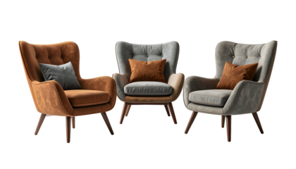 Three modern wingback armchairs with cushions in various muted tones set against a blank backdrop