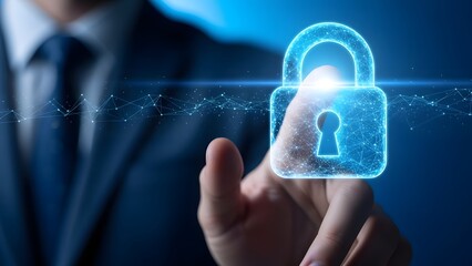 Digital Security Lock Icon With Neon Hologram Protecting Data In A Modern Business Context