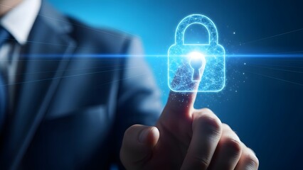 Digital Security Lock Icon With Neon Hologram Protecting Data In A Modern Business Context