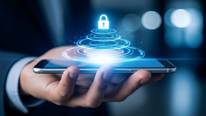 Secure Mobile Technology Concept With Holographic Lock And Digital Security Shield