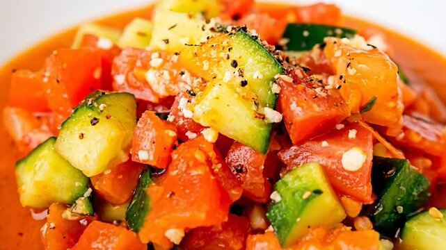 A bowl of vibrant gazpacho with diced vegetables and seasonings in a white dish