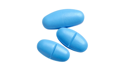 Three blue oval tablets with a score mark, isolated on a black background
