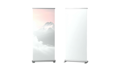 Two roll-up banners, one with a mountain scene, the other blank, on a black background