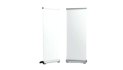 Two white, rectangular display stands with black bases, against a black background