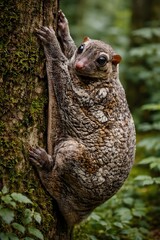 sunda colugo clinging to tree trunk in tropical rainforest unique animal