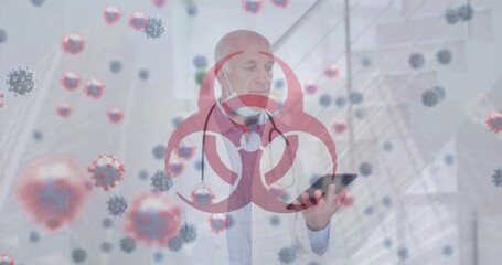 Animation of virus cells and biohazard over male doctor in face mask using smartphone - Powered by Adobe