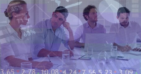 Animation of data processing over diverse business people at meeting - Powered by Adobe