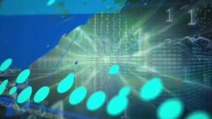 Animation of data processing and world map against music equalizer and binary coding - Powered by Adobe