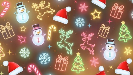 Festive Christmas pattern and holiday celebration. Winter season and neon greeting design. Seamless background of glowing neon icons including snowman reindeer and santa hats