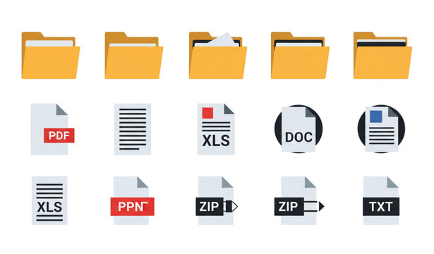 Folder and document file format icons flat vector symbol set isolated on transparent background